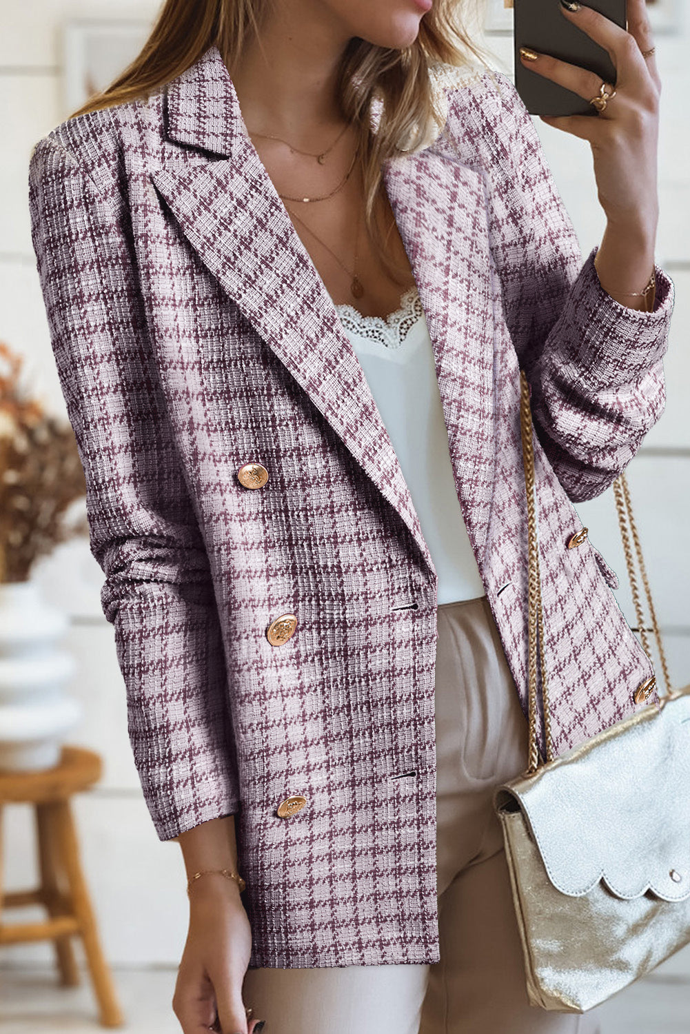 Burgundy Elegant Tweed Plaid Blazer