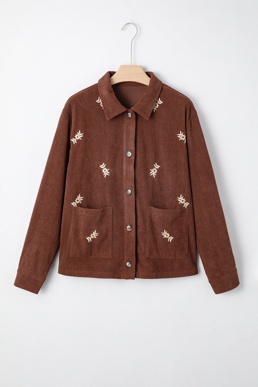 Coffee Floral Embroidered Collar Button Front Corduroy Jacket With Pocket