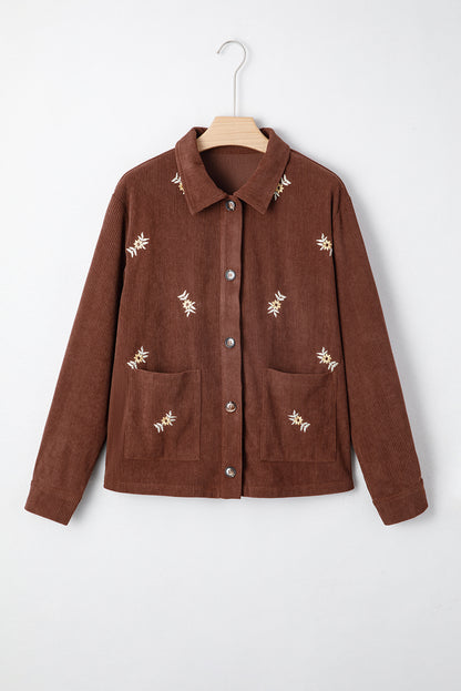 Coffee Floral Embroidered Collar Button Front Corduroy Jacket With Pocket