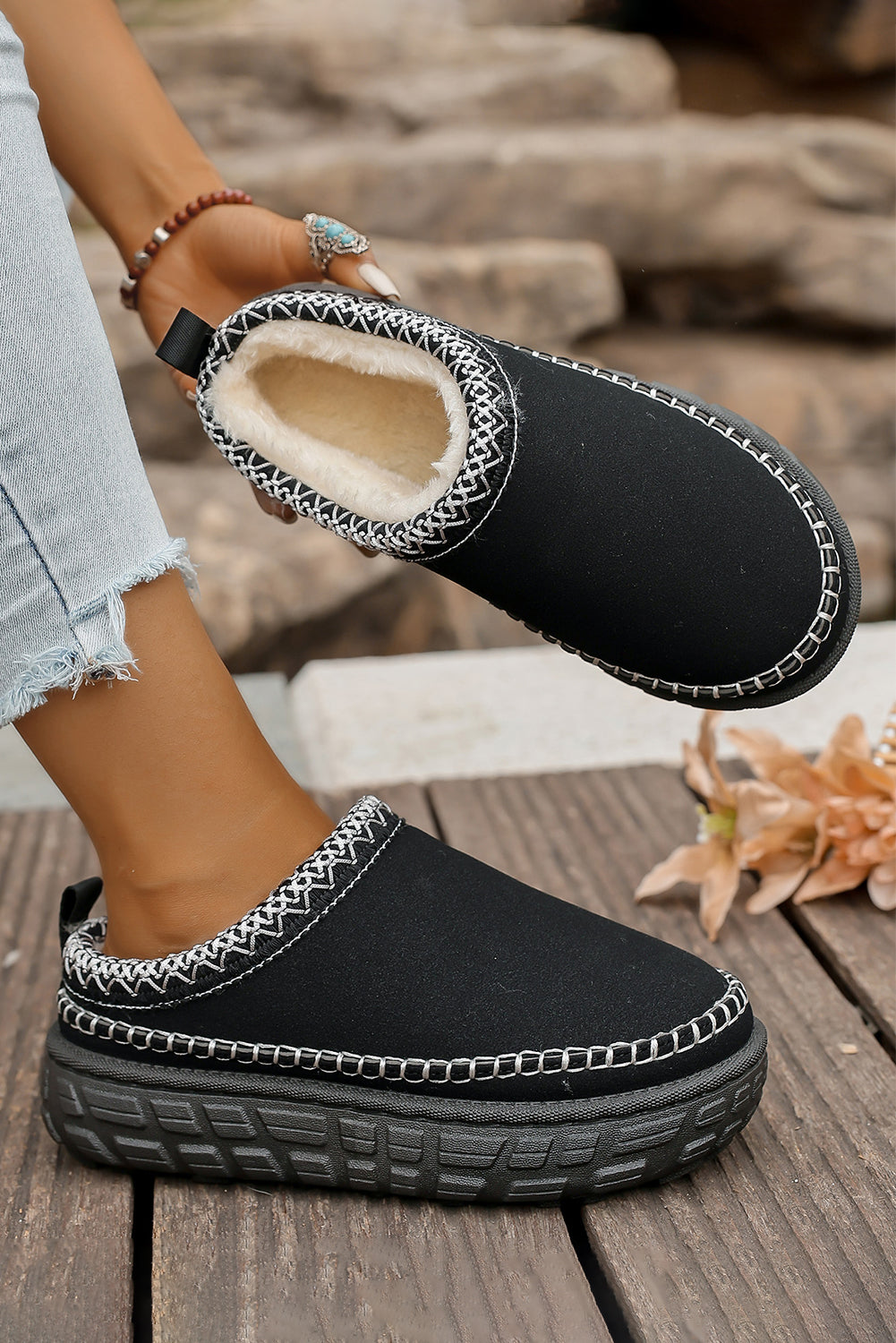White Faux Suede Woven Trim Plush Lining Platform Slippers