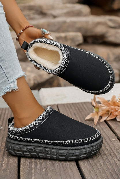 White Faux Suede Woven Trim Plush Lining Platform Slippers