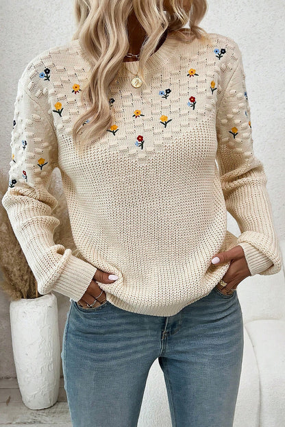 Jet Stream Mixed Texture Knit Flower Embroidered Detail Casual Sweater