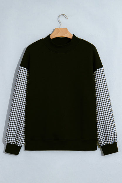 Pink Plaid Sleeve Colorblock Loose Tunic Sweatshirt