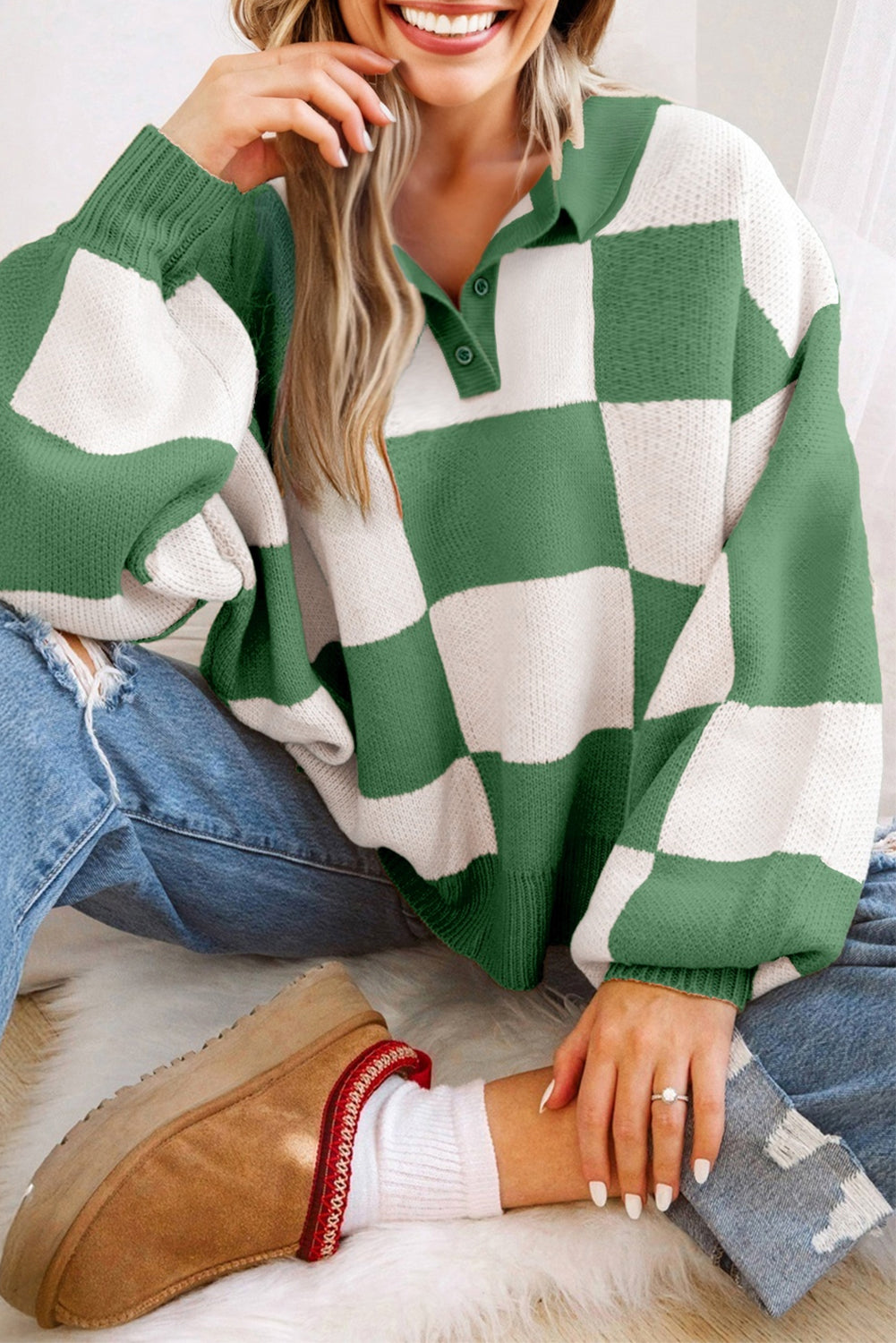 Light French Beige Checkered Pattern Polo Collar Loose Sweater