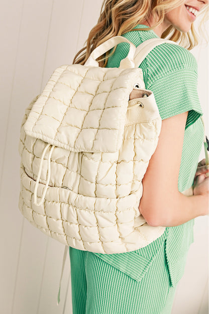 Pink Solid Flapped Quilted Puffer Backpack