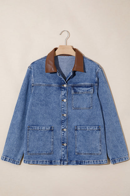 Sky Blue Patchwork Faux Leather Collar Long Sleeve Denim Jacket