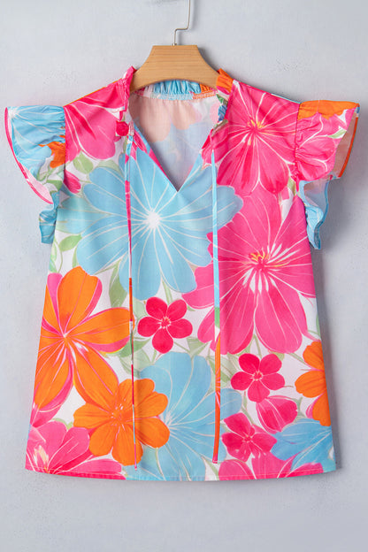 Multicolor Vibrant Flower Printed Tie V Neck Ruffle Trim Sleeveless Blouse