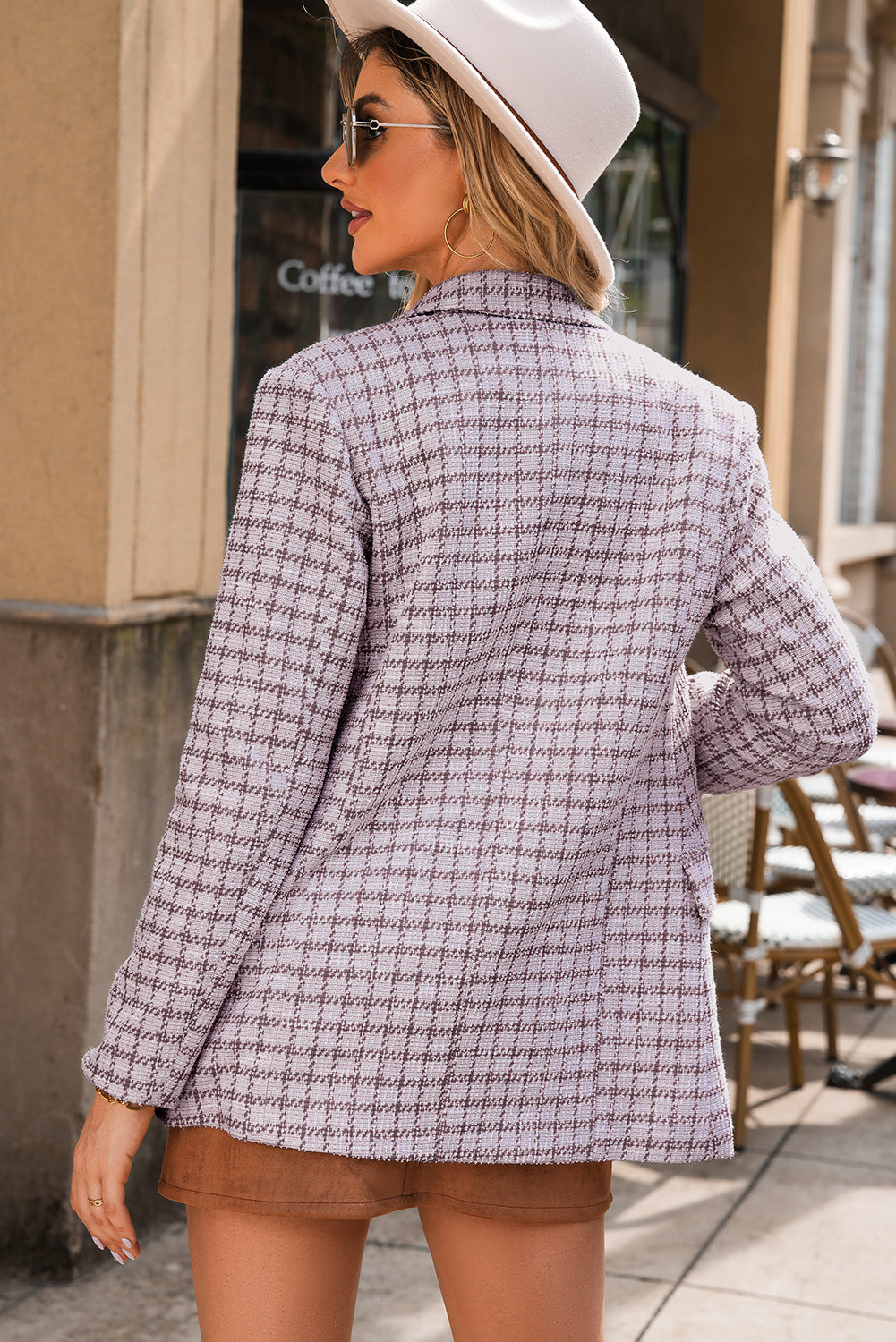 Burgundy Elegant Tweed Plaid Blazer