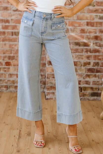 Sky Blue Stripe Button Flap Pocket Cuffed Hem Wide Leg Jeans