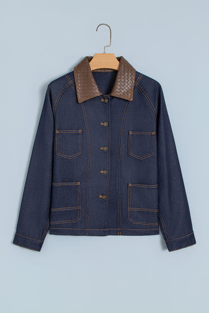 Navy Blue Contrast Collar Stitched Detail Button Denim Jacket