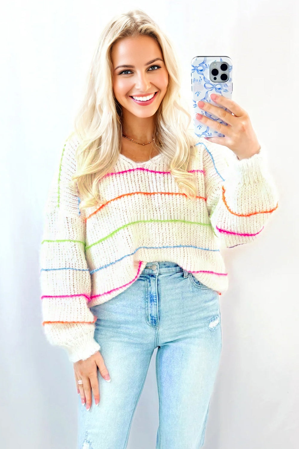 White Colorful Striped Detail V Neck Drop Shoulder Baggy Sweater