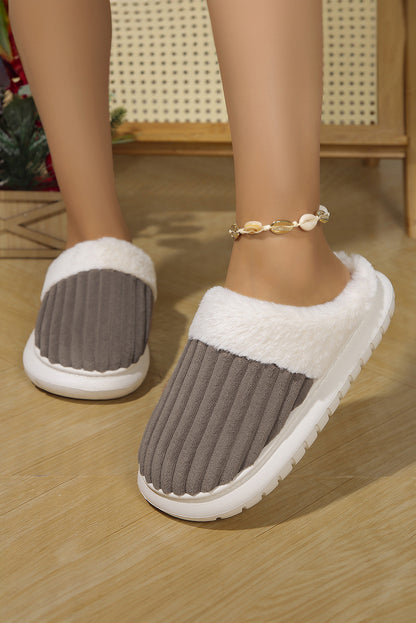 Pink Ribbed Plush Color Block Winter Slippers