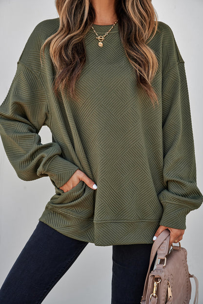 Coffee Solid Color Textured Round Neck Drop Shoulder Pullover Sweatshirt