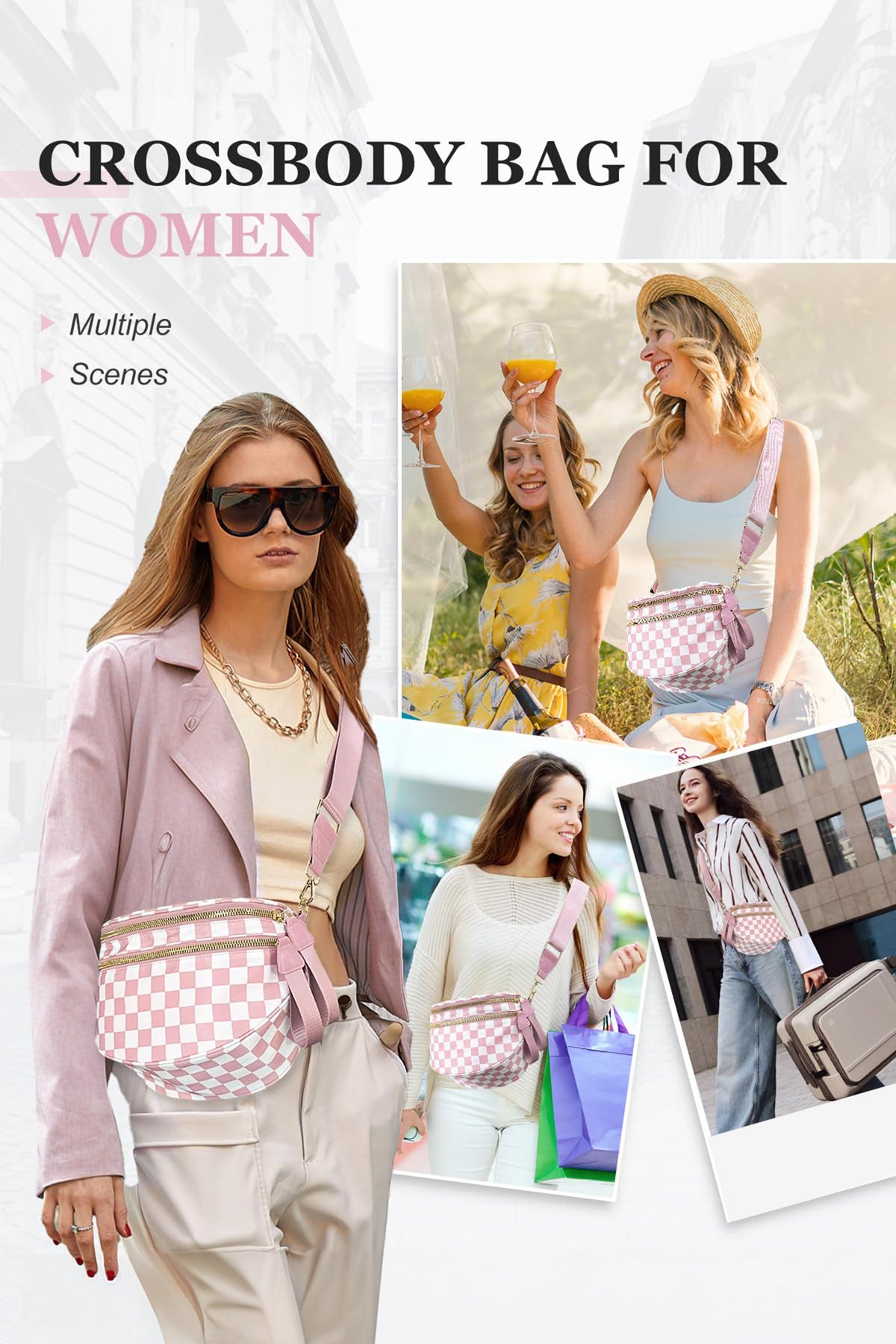 Pink Checkered Print Wide Strap Large Crossbody Bag