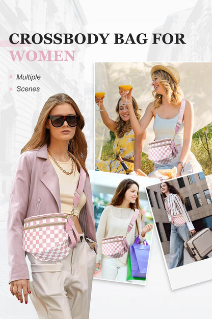 Pink Checkered Print Wide Strap Large Crossbody Bag