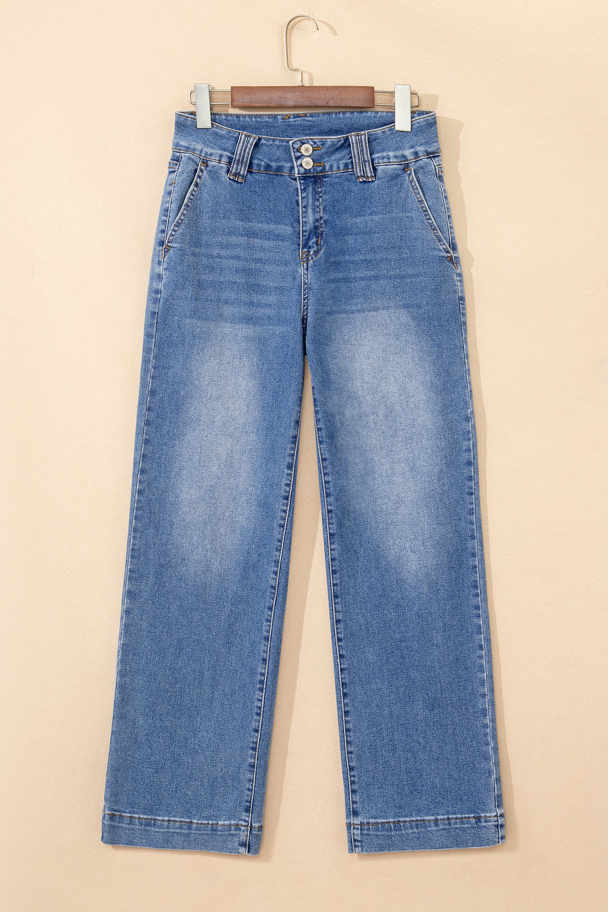 Sky Blue Double Button Zip Fly Straight Leg Jeans