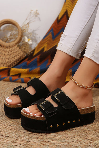 Black Suede Buckle Footbed Sandals