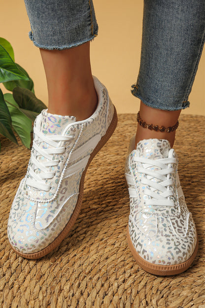 Coffee PU Leather Detail Shimmer Leopard Printed Lace-up Sneakers