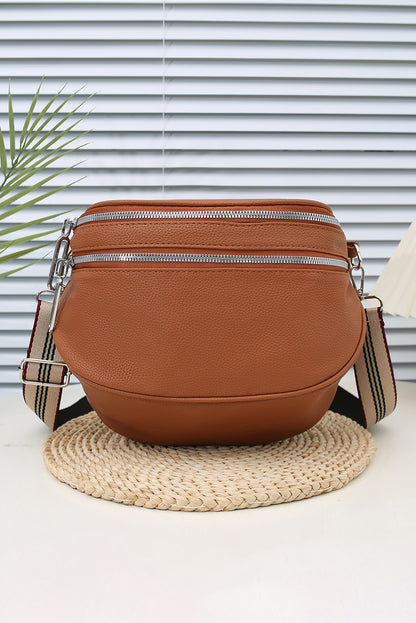 Chestnut PU Leather Double Zipper Crossbody Bag