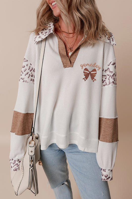 White Game Day Football Bow Embroidered Graphic Leopard Collar Color Block Patchwork Top