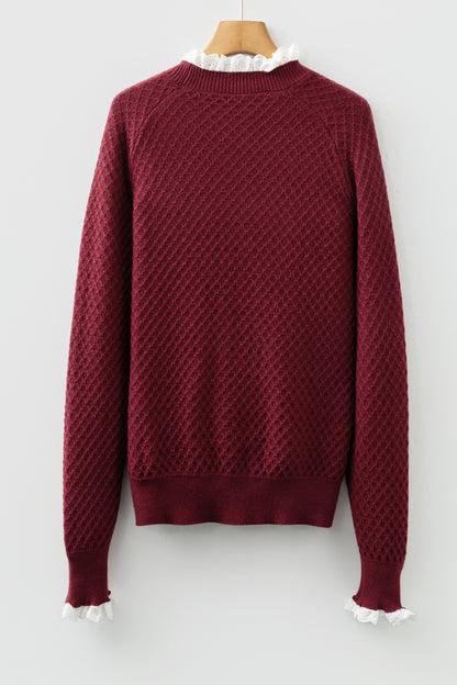 Burgundy Contrast Lace Frilled Trim Raglan Sleeve Sweater
