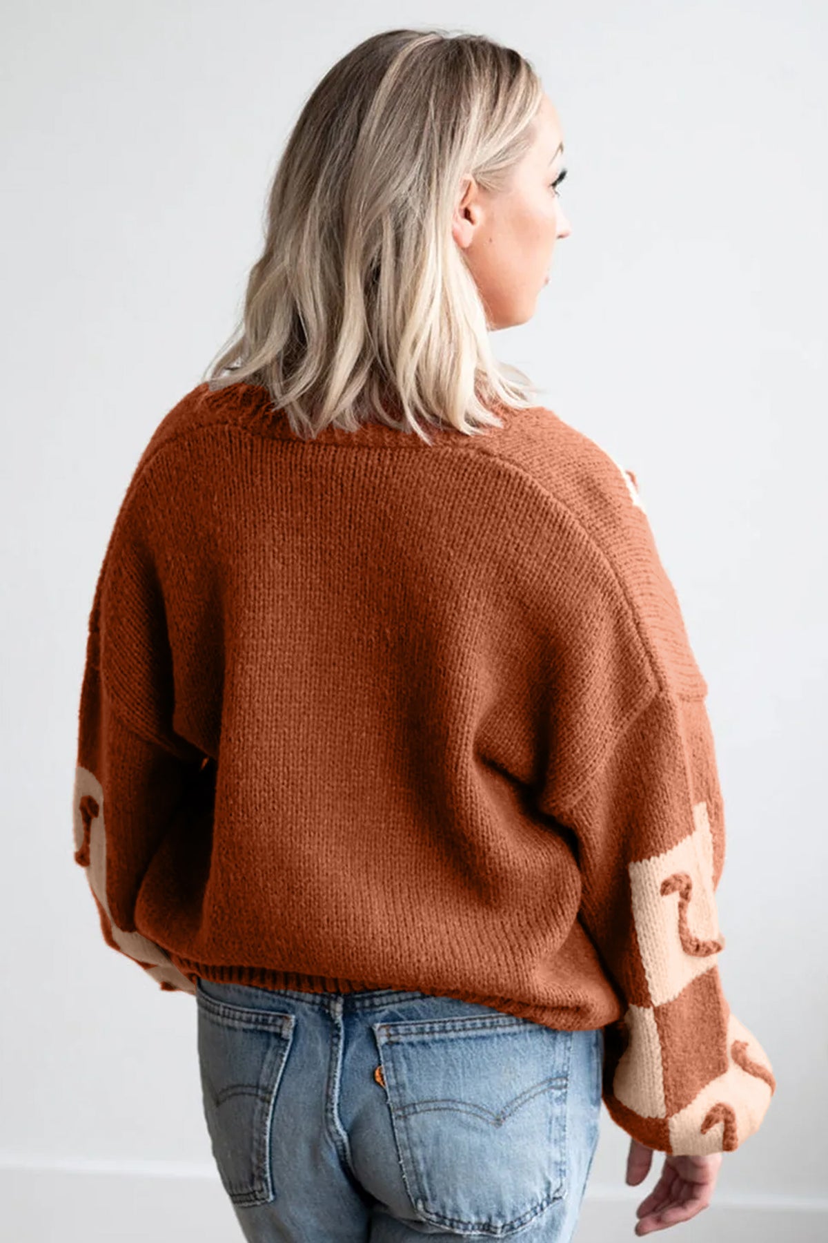 Brown Horseshoe Plaid V Neck Knit Button Front Sweater Cardigan
