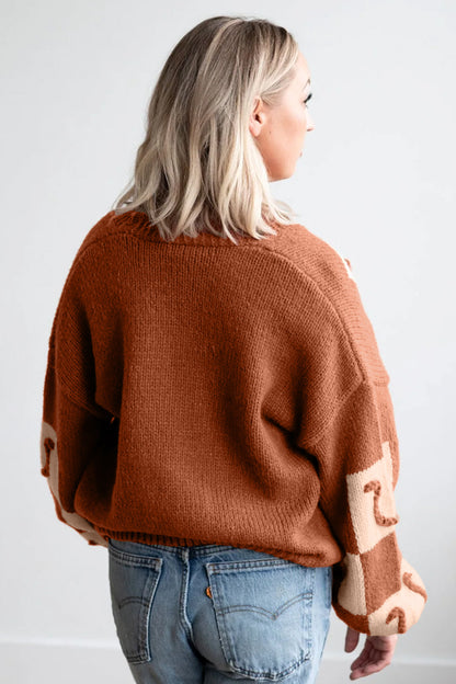 Brown Horseshoe Plaid V Neck Knit Button Front Sweater Cardigan