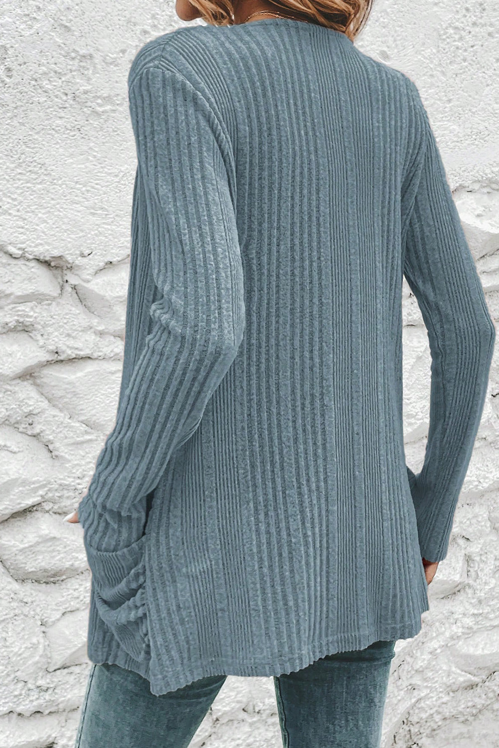 Stone Blue Ribbed Open Front Knitted Top with Pockets