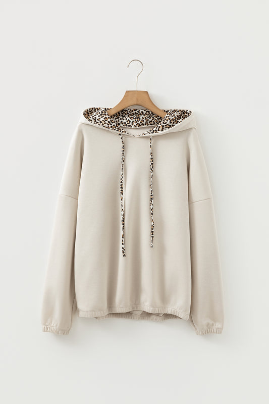 Jet Stream Leopard Contrast Drawstring Hood Drop Shoulder Loose Top