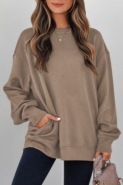 Coffee Solid Color Textured Round Neck Drop Shoulder Pullover Sweatshirt