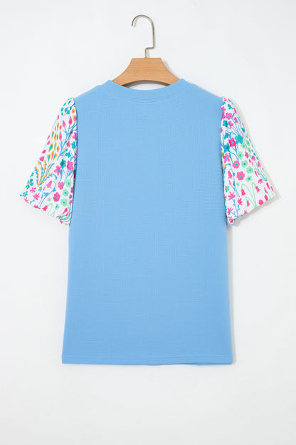 Light Blue Round Neck Textured Contrast Floral Bubble Sleeve Blouse
