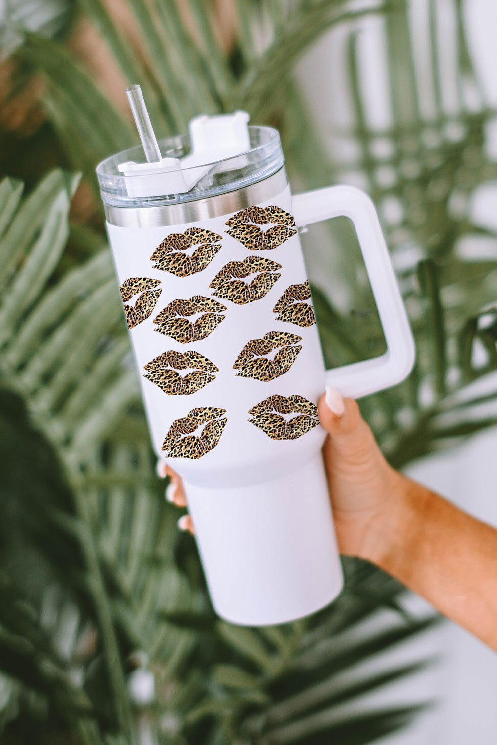 White Leopard Lips Tumbler Cup With Straw 40oz