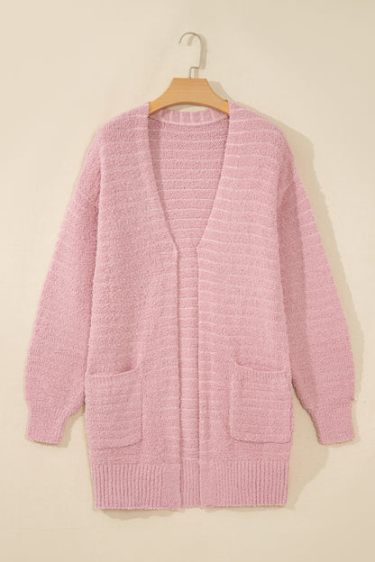 Light Pink Open Front Soft Fuzzy Ribbed Sweater Cardigan